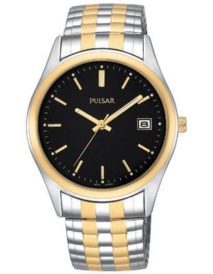 Pulsar Mens Expansion Band - Stainless & Gold Tone - Black Face - PXH428