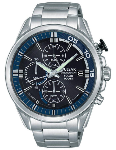 Pulsar Mens Solar Chronograph - Stainless Steel - Blue Dial - Bracelet - Date - PZ6021