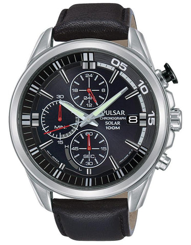 Pulsar Mens Solar Sport Chronograph - Black Dial - 100m - Black Leather - Date - PZ6023