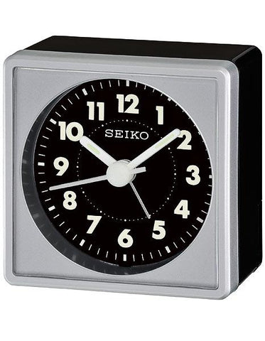 Seiko Bedside Alarm Clock - Quiet Sweep Second Hand - Black Dial - Metallic Case - QHE083SLH