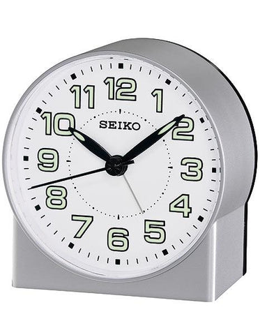 Seiko Bedside Alarm Clock - Silver-Tone Metallic Case - Quiet Sweep Second Hand - QHE084SLH