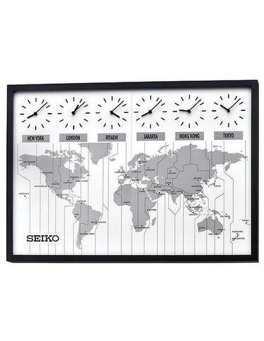 Seiko World Time Wall Clock - 6 Custom Time Zones - Black Wooden Frame - QXA538KLH