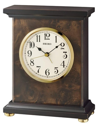 Seiko Dark Brown Desk or Table Alarm Clock - Burlwood Veneer - Brass Accents - QXE056BLH