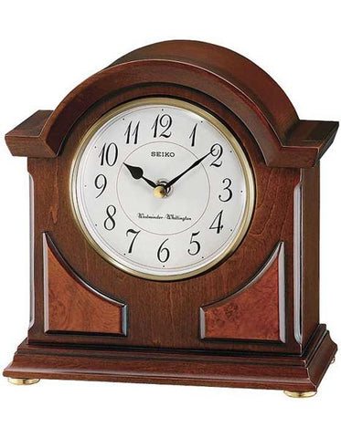 Seiko Brown Wooden Mantle Clock - White Dial - Westminster/Whittington Strikes - QXJ012BLH