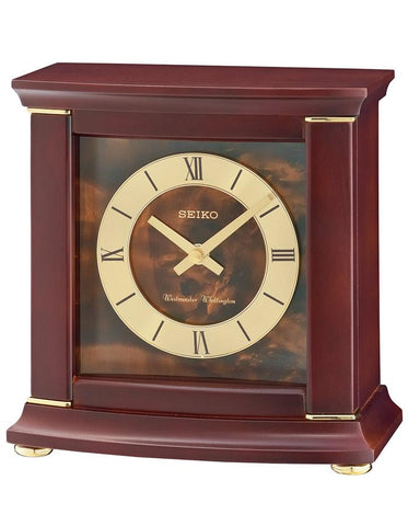 Seiko Chiming Desk Clock - Dark Brown Wood Case w/ Brass & Burlwood Accents - QXJ030BLH