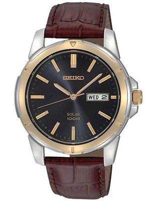 Seiko Solar Mens Two-Tone Day/Date Watch - Black Dial - Brown Leather Strap - SNE102_c9c3654e-622c-44d8-b065-c6d9f4798b81