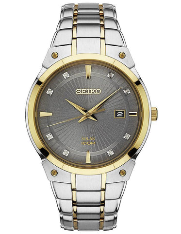 Seiko Mens Solar 8 Diamond Dress Watch - Two-Tone - Date - Bracelet - 100m - SNE430