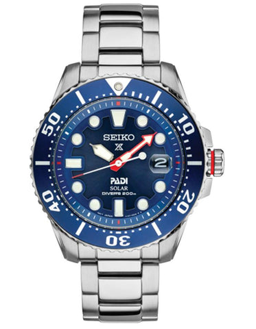 Seiko Mens PADI Solar Dive Watch - Stainless Steel - Blue Dial - 200M - SNE435