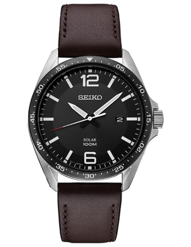 Seiko Mens Solar Essentials - Stainless Steel - Black Dial - Leather Strap - SNE487