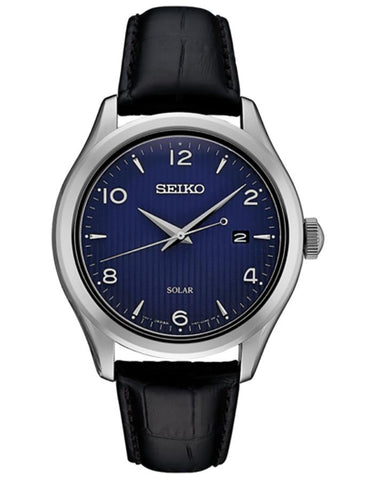 Seiko Mens Essentials Solar - Stainless Steel - Blue Dial - Black Leather - SNE491