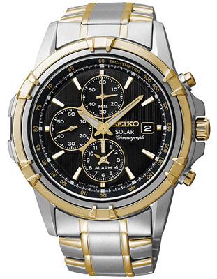 Seiko Solar Mens Two-Tone Alarm Chronograph - Black Dial - Bracelet - 100M WR - SSC142_7707a521-fd4c-4ce6-bc3d-f8abddb36b3e