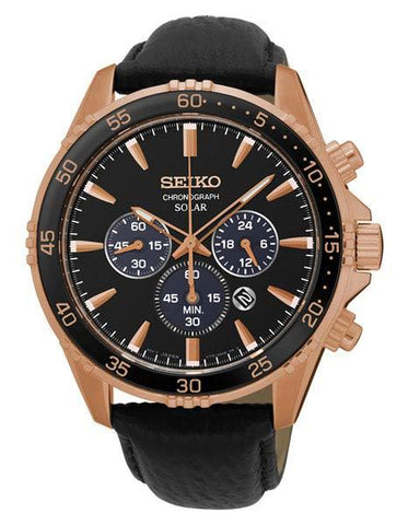 Seiko Solar Mens Chronograph - Black & Rose Gold-Tone - Black Leather Strap - SSC448_bad183d0-09d2-439e-89ae-5ce13309d6e4