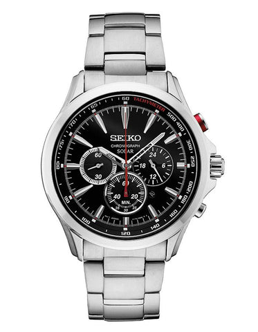 Seiko Mens Solar Chronograph - Stainless Steel - Bracelet - Tachymeter - SSC493