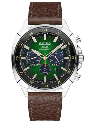 Seiko Mens Recraft Solar Chronograph - Stainless - Green Dial - Leather Strap - SSC513