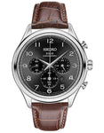 Seiko Mens Solar Chronograph - Black Sunray Dial - Stainless - Brown Leather - SSC565