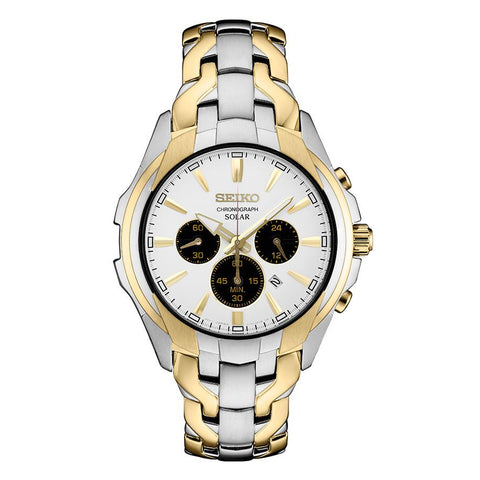 Seiko Mens Solar Chronograph - Two Tone - White Dial - SSC634