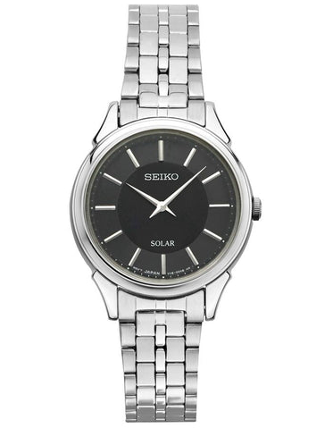 Seiko Solar Ladies Thin Dress Watch - Stainless Steel - Black Dial - Bracelet - SUP343