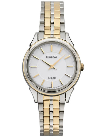 Seiko Solar Ladies Thin Dress Watch - Two-Tone - White Dial - Bracelet - SUP344