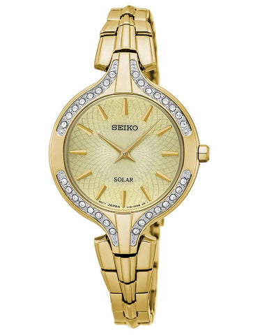 Seiko Solar Ladies Recraft 32 Crystal Dress Watch - Gold-Tone - Champagne Dial - SUP346