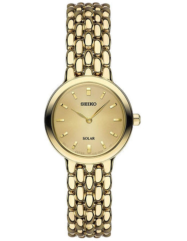 Seiko Womens Solar Dress Watch - Gold-Tone - Champagne Dial - Power Reserve - SUP352