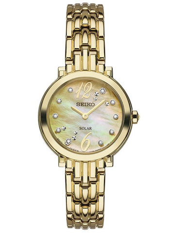 Seiko Womens Solar Tressia Diamond Watch - Gold-Tone - Mother of Pearl Dial - SUP356