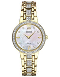 Seiko Womens Solar Crystal Dress Watch - Gold-Tone - White Mother of Pearl Dial - SUP364