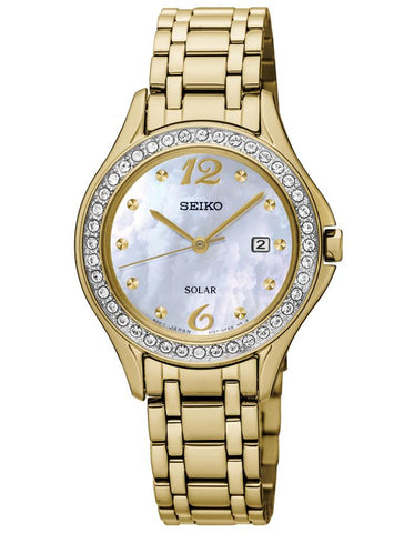 Seiko Ladies 40 Crystal Sport Watch - White MOP Dial - Gold-Tone - Date - SUT314