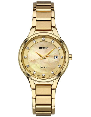 Seiko Womens Solar Diamond Dress Watch - Gold-Tone Mother of Pearl - Date - SUT320