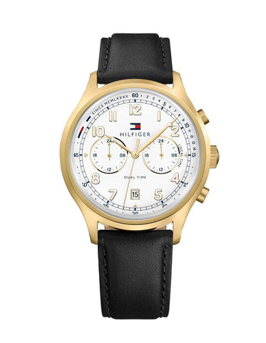 Tommy Hilfiger Mens Emerson Watch - Gold-tone - Black Leather Strap - Date - TH-1791386