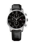 Tommy Hilfiger Mens Kane Watch - Stainless Steel - Black Leather Strap - TH-1791401