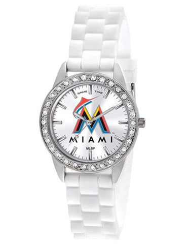 MLB Womens Miami Marlins Frost Watch - Crystal Bezel - Silicone Strap - XWL957